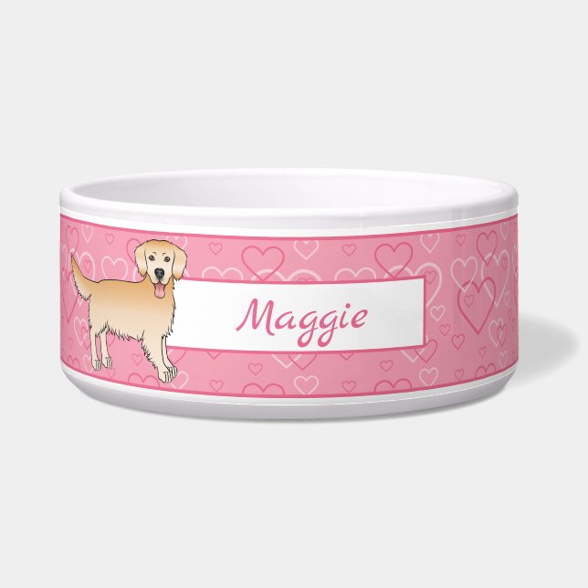 Écuelle Chien jaune Golden Retriever sur les coeurs roses  (Devant)