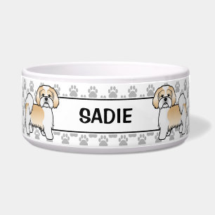 Écuelle Chien Lhasa Apso doré et blanc avec pattes et nom
