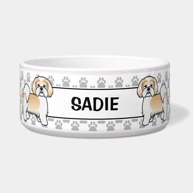 Écuelle Chien Lhasa Apso doré et blanc avec pattes et nom (Devant)