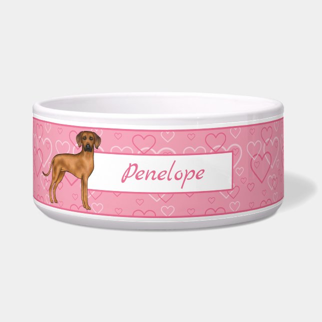 Écuelle Chien Rhodesian Ridgeback Sur Coeurs Rose Avec Nom (Devant)