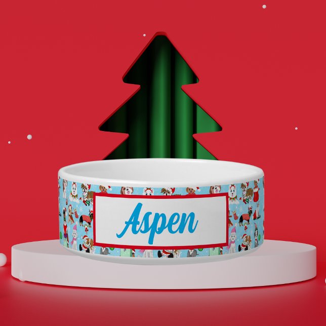 Écuelle Chiens de Noël Fête Nom de l'animal (Fun whimsical Christmas pattern that is fun to add to your Christmas decorations! )