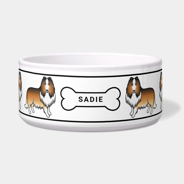 Écuelle Chiens Rough Collie Sable Avec Os & Nom (Devant)