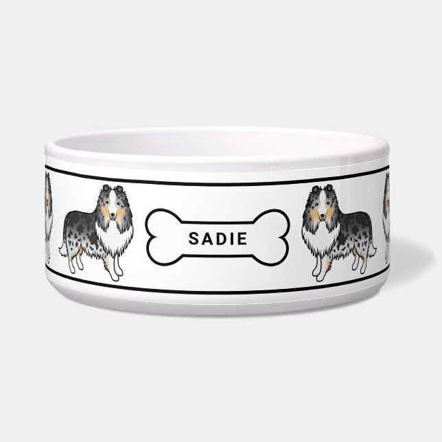 Écuelle Chiens Sheltie Blue Merle avec os et nom (Devant)