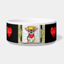 CHIHUAHUA SOURIANT AUX COEURS ROUGES PLAT/BOWL DE 