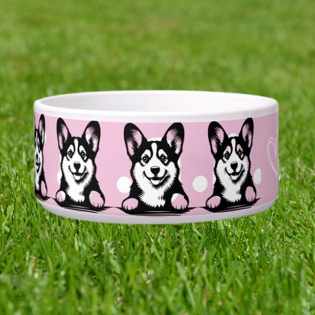 Écuelle Corgi qui regarde personnaliser le thème rose (Trendy  Custom Dog Name Bowl)