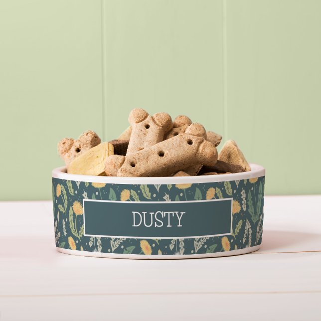 Écuelle Dandelion Floral Weed Motif (Dandelion Pattern Dog Bowl with Dog Name Spot)