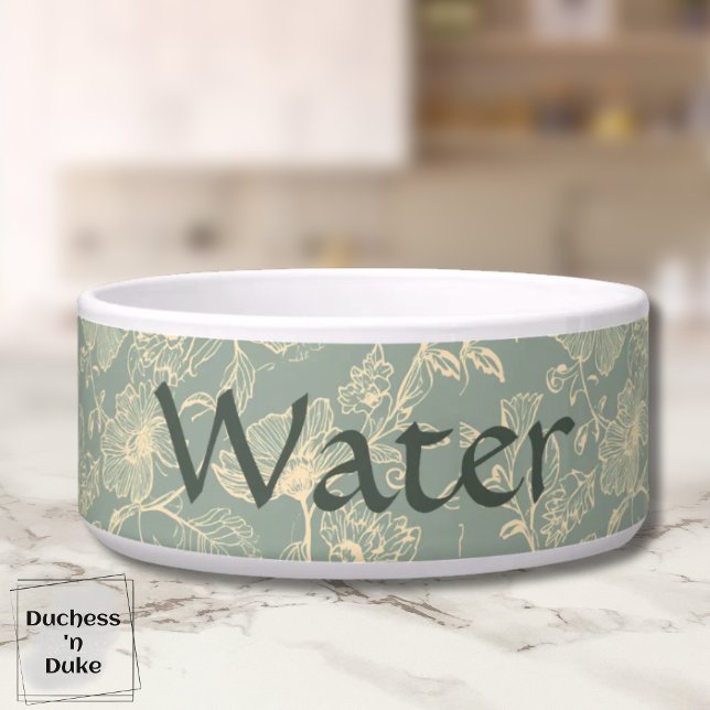 Écuelle Dog Water Bowl - Sage Green Botanical, Name  (Personalized Sage Green Botanical Water Pet Bowl on marble table top)