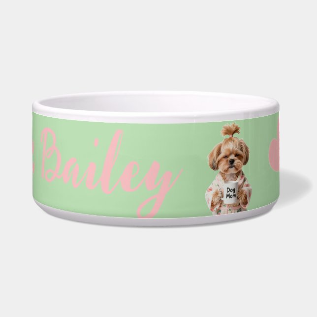 Écuelle Empreintes de Patte Roses Nom de Chien Mignon Vert (Devant)