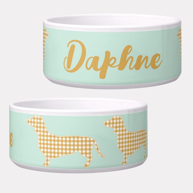Écuelle En vichy Dachshund Mint personnalisée (Personalized Gingham Dachshund dog bowl with script name)