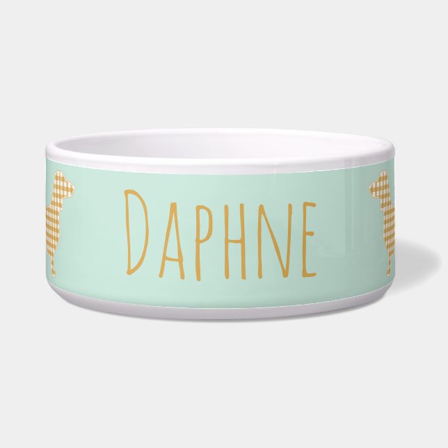 Écuelle en vichy Dachshund sur Duck Egg Blue - Nom Décontr (Devant)