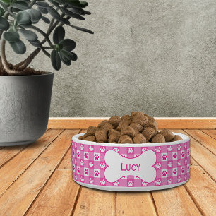 Écuelle Gingham rose personnalisé avec empreintes de patte