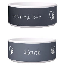 Gray 'eat, play, love' Dog Name Bowl