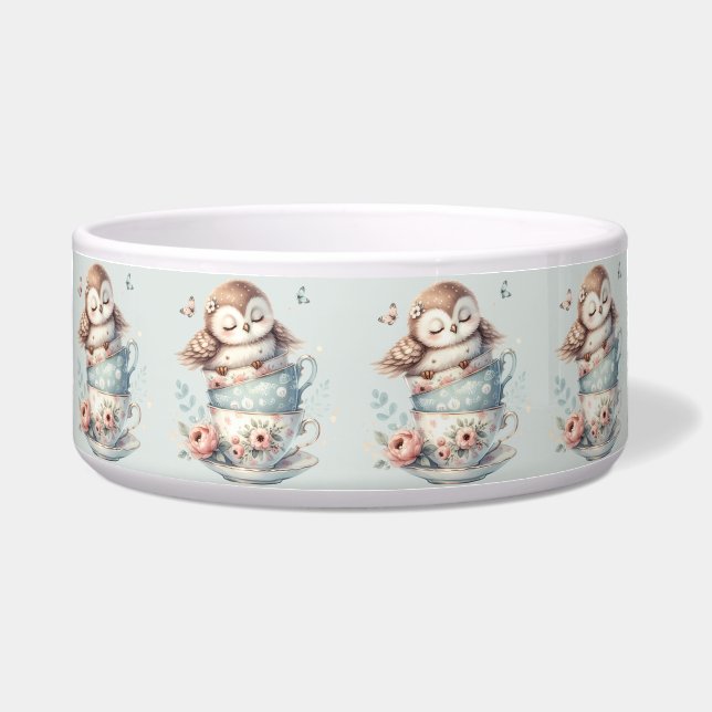 Écuelle Hibou endormi dans des tasses à thé florales empil (Devant)