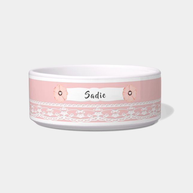 Écuelle Joli bol de chien rose avec fleurs et dentelle (Devant)