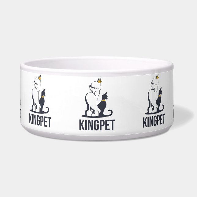 Écuelle King-Pet (A white pet bowl with the words "KINGPET" and a cartoon of a dog and cat wearing crowns. )