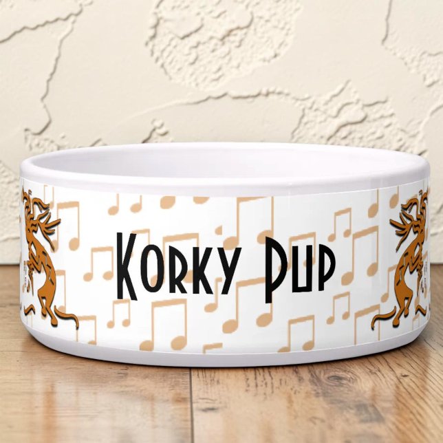 Écuelle Kokopelli Danseur de joie avec notes de musique (Kokopelli and musical notes custom pet bowl.)