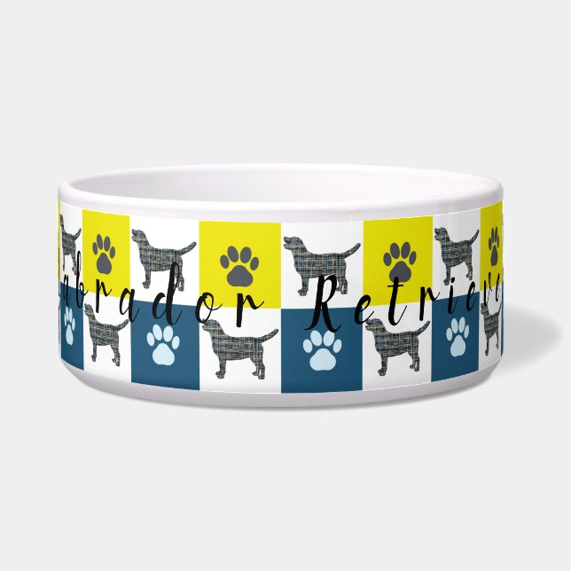 Écuelle Labrador Chien & Paw Yellow & Blue Grid Chien Bowl (Devant)