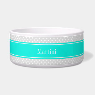 Écuelle Lt Grey White Pois Brt Aqua Ribbon Monogramme