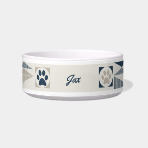 Écuelle Monogramme amusant Géométrique Bleu/Tan Pet Bowl a