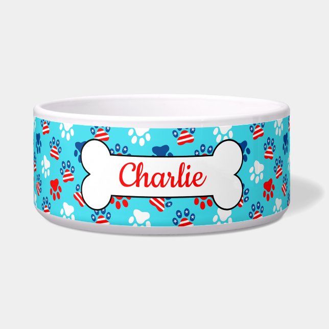 Écuelle Motif de pattes de chien rouge, blanc et bleu patr (Devant)