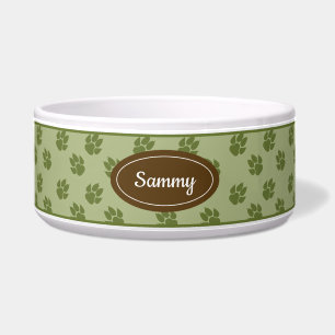 Écuelle Motif Pattes de Chien Vert Badge Marron Nom Rustiq