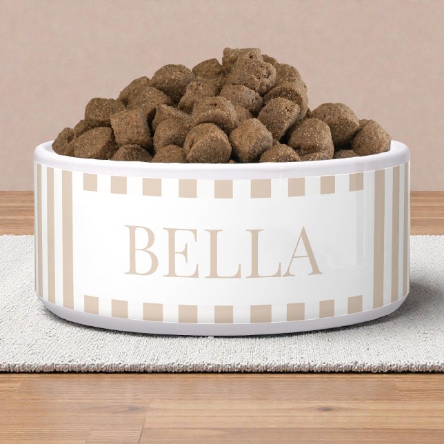 Écuelle Motif rayures blanches beige moderne minimal Chien (Modern Beige White Stripes Pattern Minimal Dog Pet Bowl)