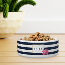 Navy Stripe & Pony Rose Personnalisé Pet Bowl