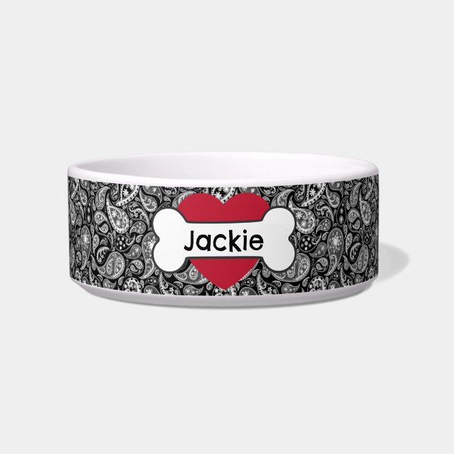Écuelle Noir Paisley Coeur Os Moyen Pet Bowl (Devant)