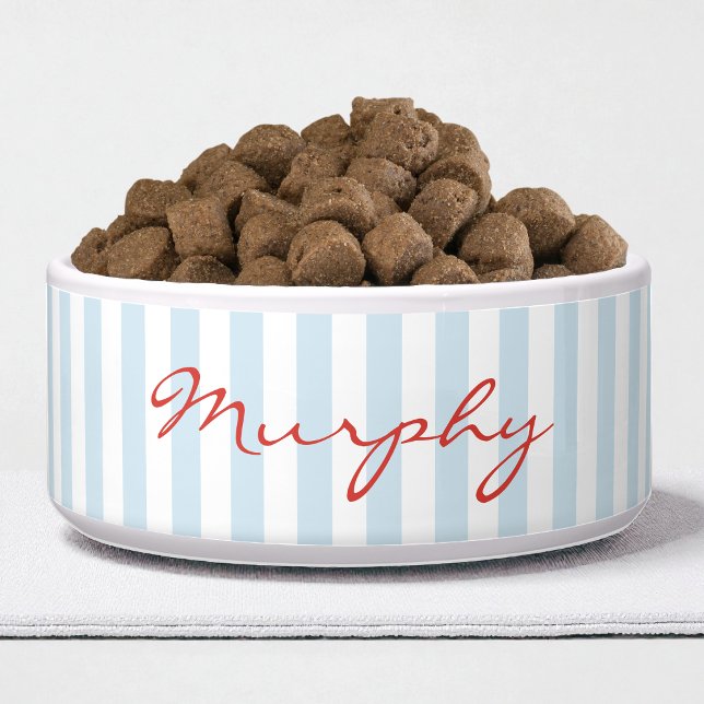 Écuelle Nom de chien à rayures bleues et blanches avec écr (Modern Blue White Stripes Simple Script Dog Name Bowl)