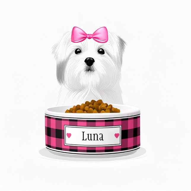 Écuelle Nom de la plaque de bison rose et noir (pink and black plaid personalized dog bowl)