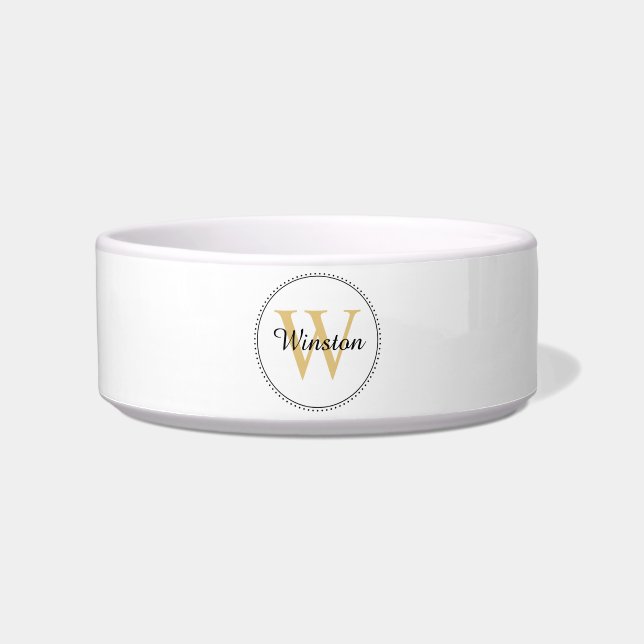 Écuelle Nom de l'animal personnalisé Gold Monogramme blanc (Devant)