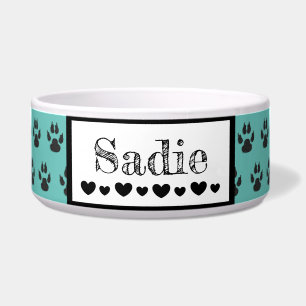 Écuelle Nom du chien mignon Empreinte de patte et Coeurs C