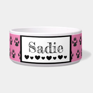 Écuelle Nom du chien mignon Empreinte de patte et Coeurs C