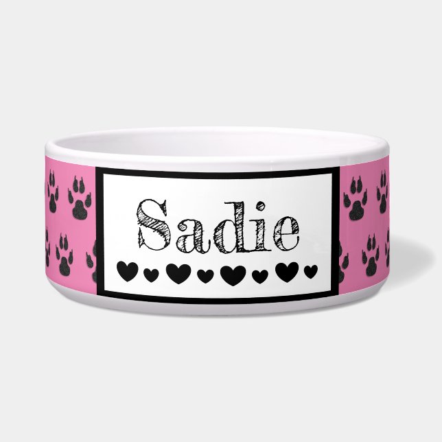 Écuelle Nom du chien mignon Empreinte de patte et Coeurs C (Devant)
