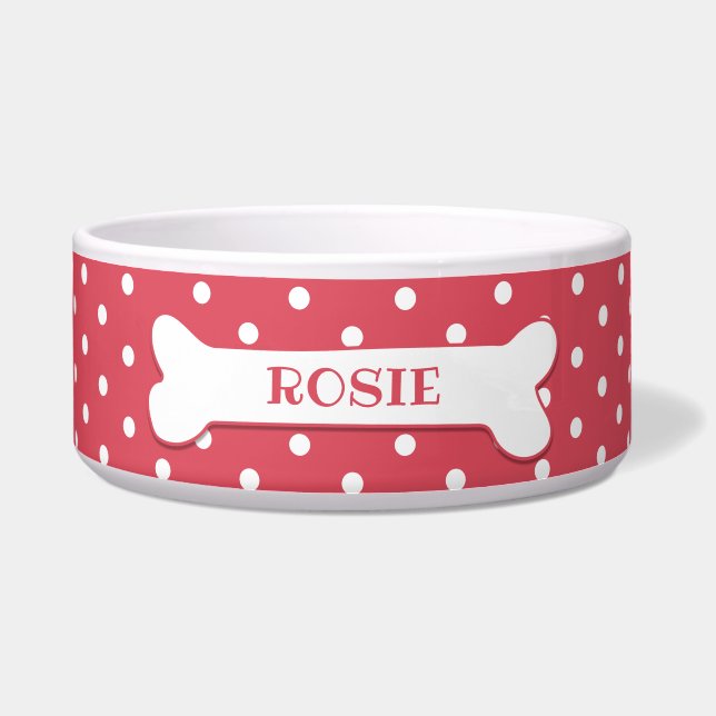 Écuelle Os Nom Prénom Chien Bone Rose Corail Points Blancs (Devant)