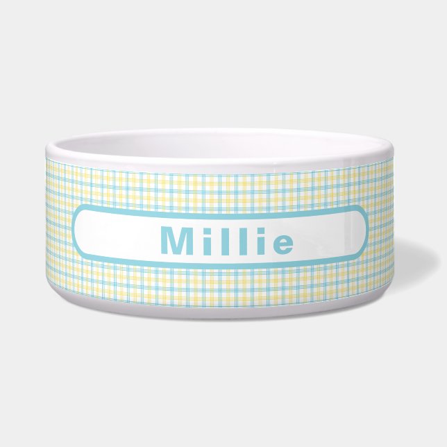 Écuelle Pastel Yellow Plaid Custom Name Pet Food Water (Devant)