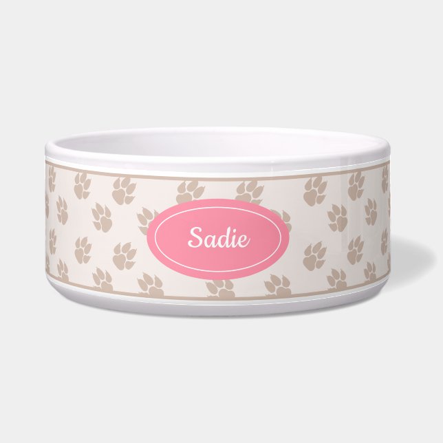 Écuelle Paws De Chien Beige Et Rose Motif Avec Nom Personn (Devant)