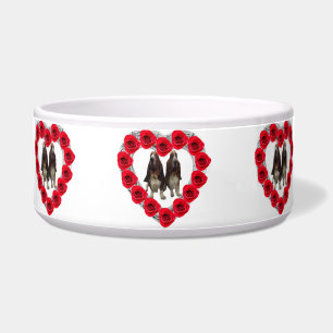 Écuelle Pet Bowl Roses Coeur Rouge Avec Basset Hounds