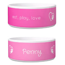 Pink 'eat, play, love' Dog Name Bowl
