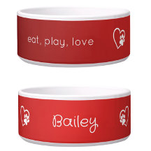Red 'eat, play, love' Dog Name Bowl