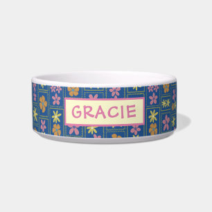Écuelle Rétro Fleur Bleu Patchwork Chien Moyen Personnalis