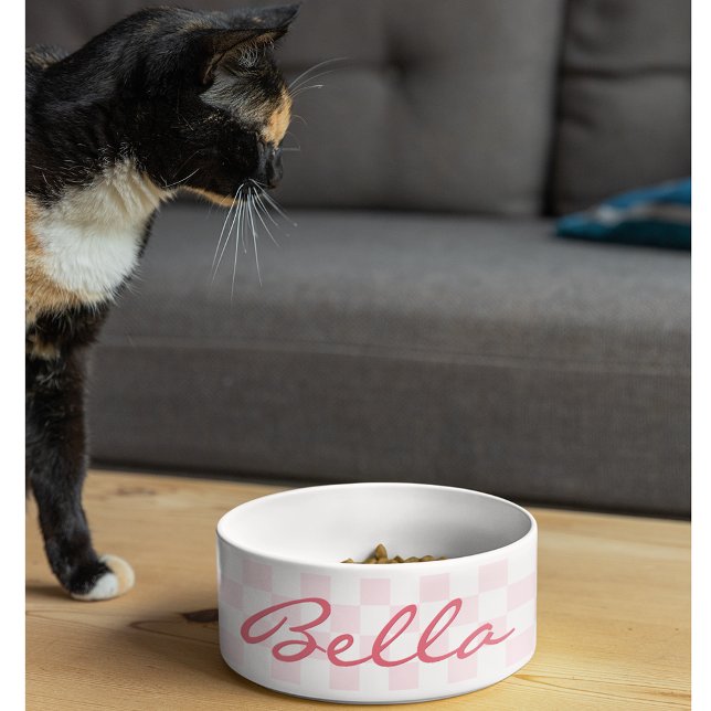 Écuelle Retro Rose À damiers Chat Kitty Chippy Nom de l'an (Retro Pink Checkered Cat Kitty Puppy Pet Name Food Bowl)