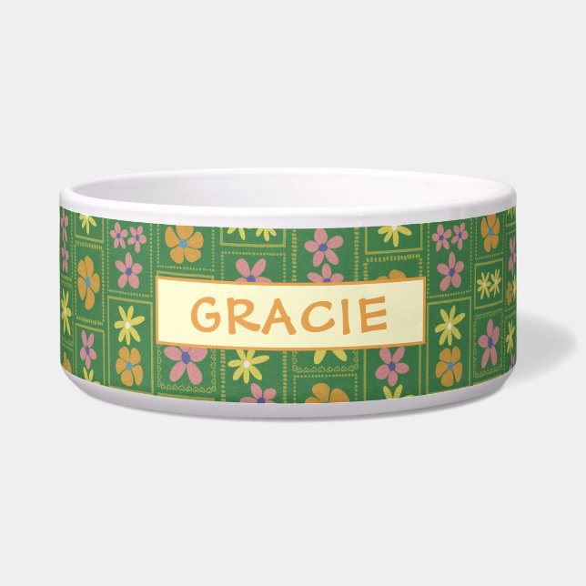 Écuelle Rétro Vert Patchwork Floral Personnalisé Grand Chi (Devant)