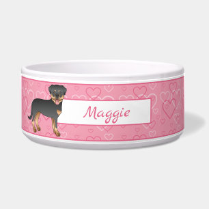 Écuelle Rottweiler noir et feu sur coeurs roses et nom