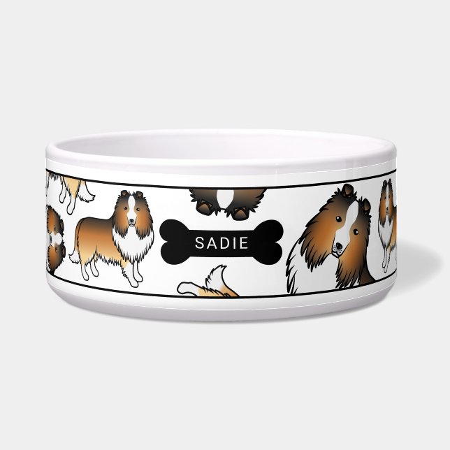 Écuelle Sable Cartoon Sheltie Chiens Motif et nom (Devant)
