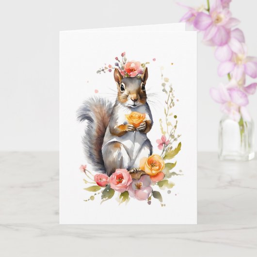 Écureuil adorable avec fleurs de printemps Carte b (Orchidée)