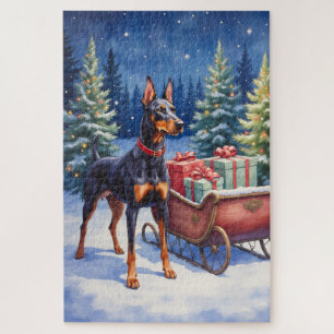 Edel Dobermann die Kerst slee bewaakt in de Winter Legpuzzel