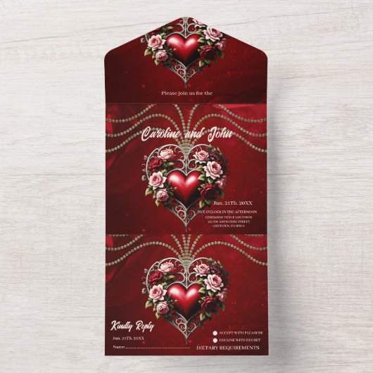 Edel gotisch hart met bloemen. all in one uitnodiging (Binnen)