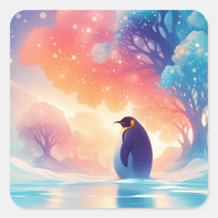 Edel Pinguïn op Bevroren Meer met Magisch Woud Vierkante Sticker