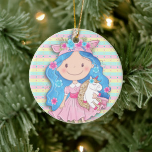 Edelmeisje Cutie met unicorn Kerstmis Keramisch Ornament